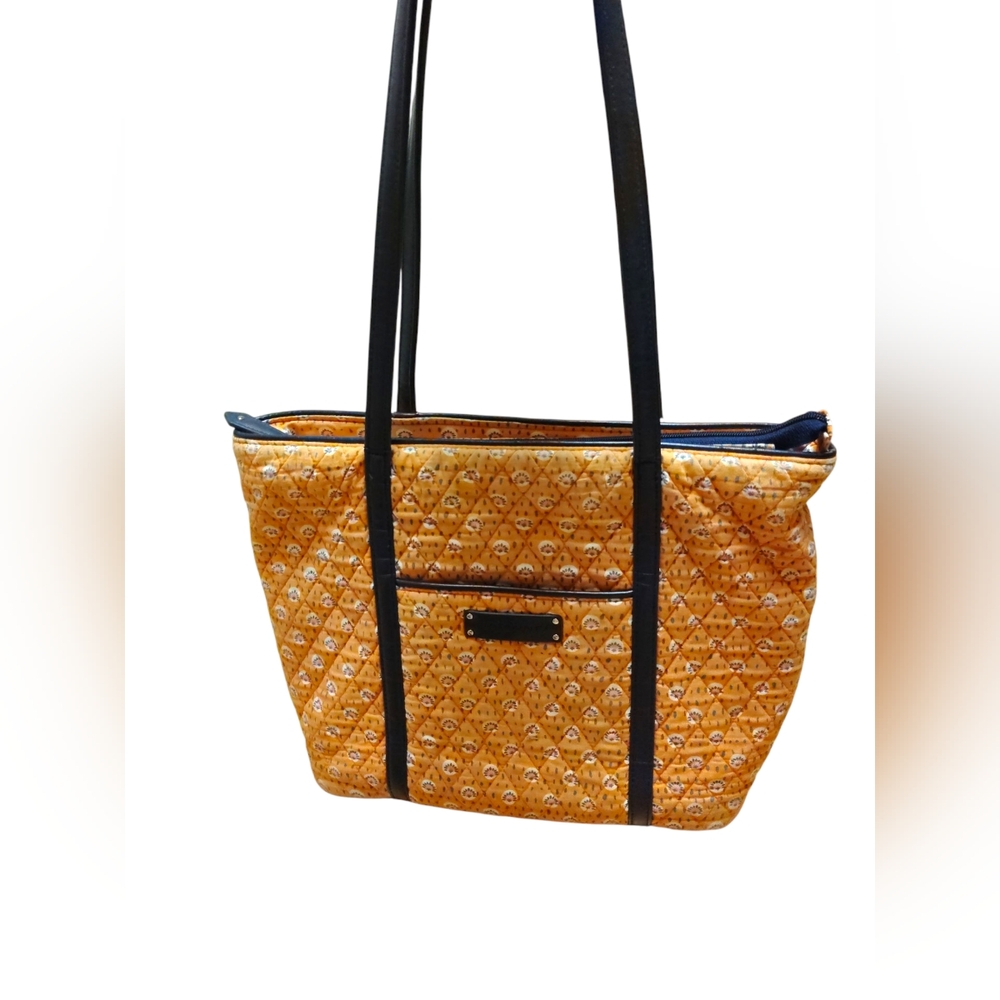 Vera Bradley Small Trimmed Rio Rosie Orange Navy Blue Quilted Leather Vera Tote
